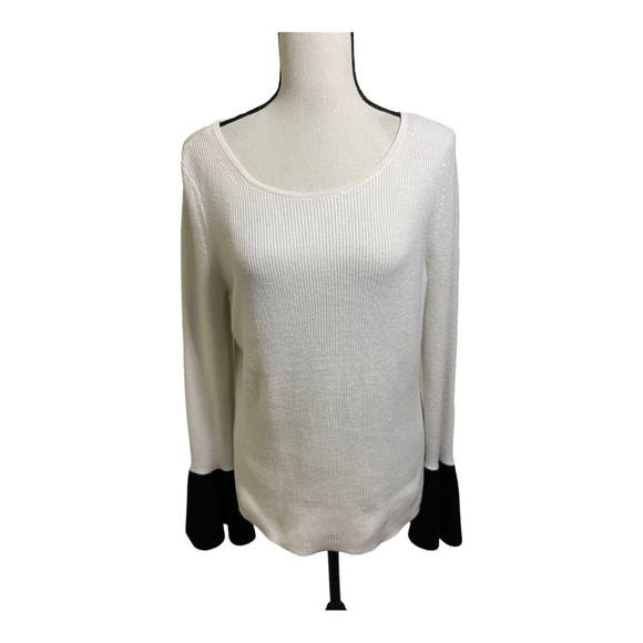 Ramy Brook womens  francette ribbed bell sleeves sweater. White black. Large - Picture 3 of 12